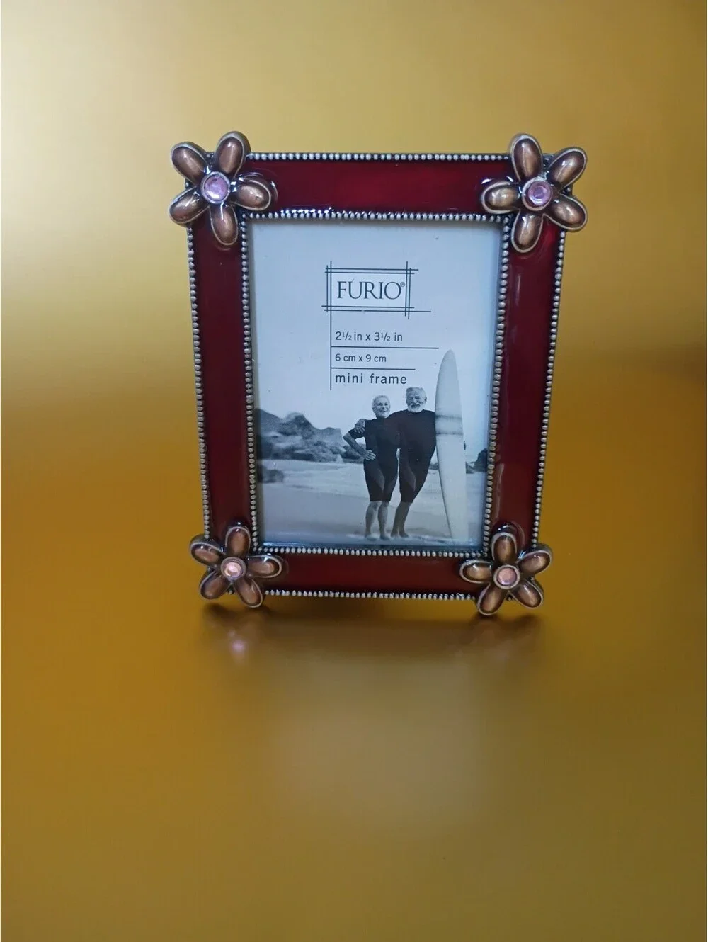 mini floral Flower picture frame Jeweled metal Enamel burgundy romantic 4.5x3.5
